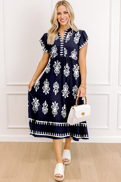 Bohemian Western Print Notched Neck Short Sleeve Midi Dress