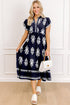 Bohemian Western Print Notched Neck Short Sleeve Midi Dress
