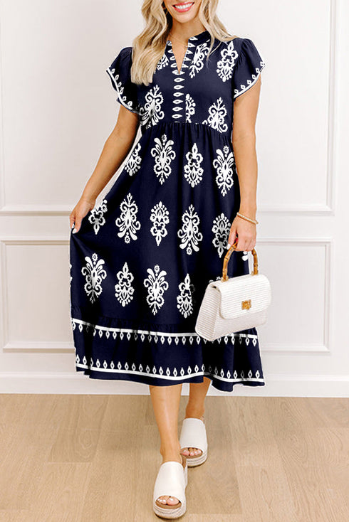 Bohemian Western Print Notched Neck Short Sleeve Midi Dress