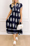 Bohemian Western Print Notched Neck Short Sleeve Midi Dress