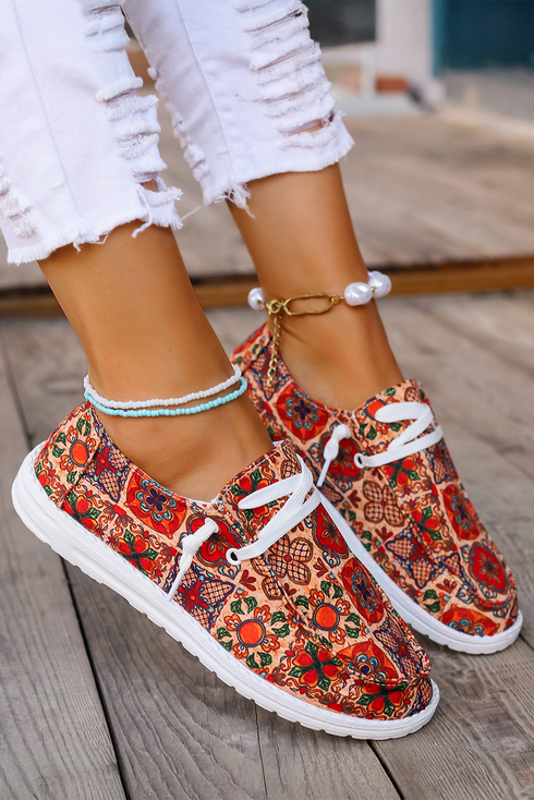 Bohemian Western Printed Lacing Detail Flat Slip On Shoes