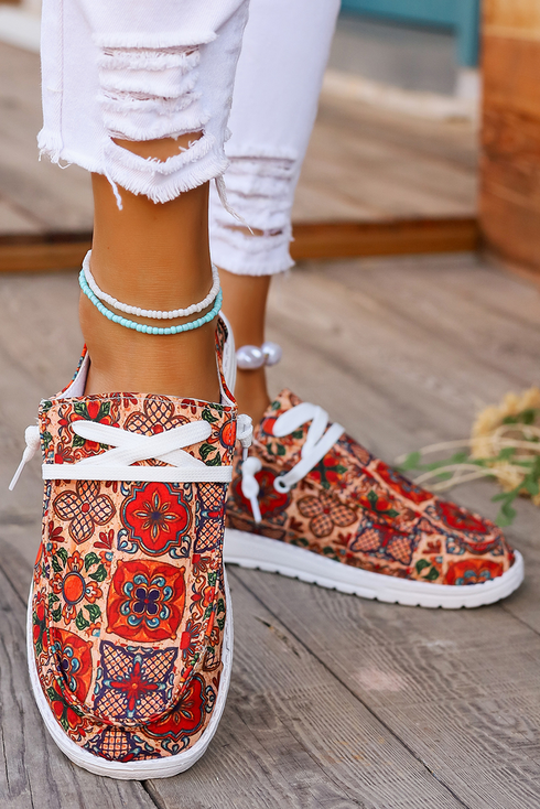 Bohemian Western Printed Lacing Detail Flat Slip On Shoes