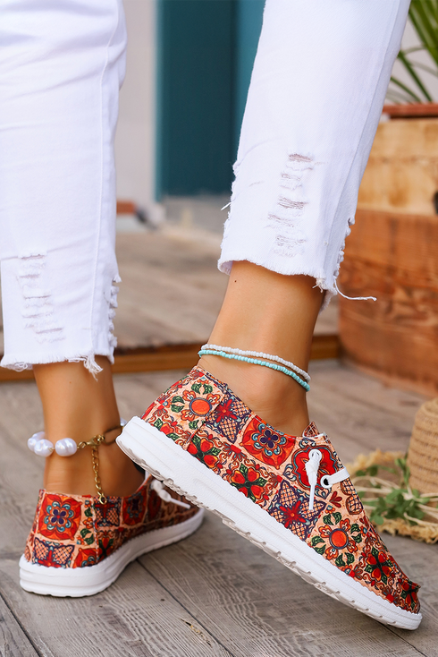 Bohemian Western Printed Lacing Detail Flat Slip On Shoes