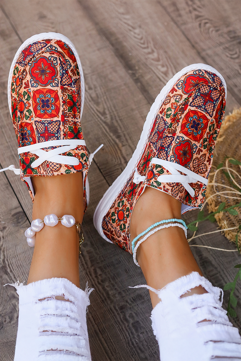 Bohemian Western Printed Lacing Detail Flat Slip On Shoes