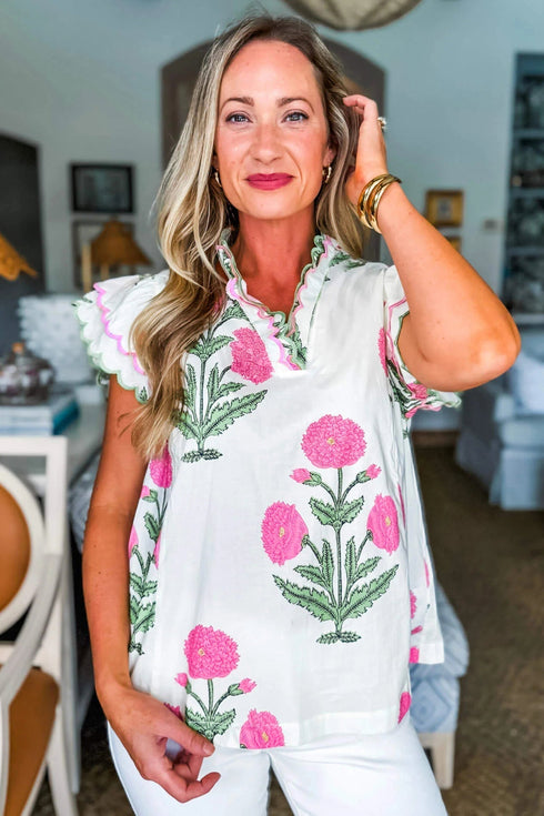 Bohemian Wildflower Print Scalloped Trim Short Sleeve Blouse