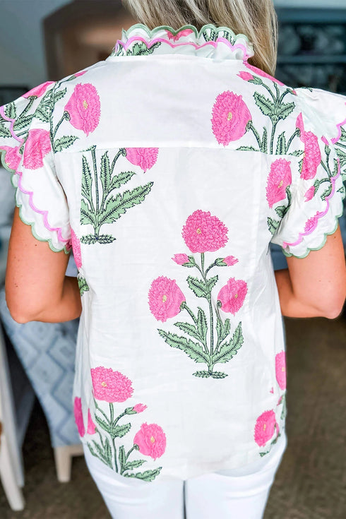 Bohemian Wildflower Print Scalloped Trim Short Sleeve Blouse