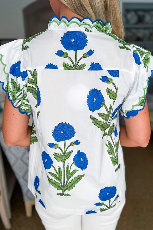 Bohemian Wildflower Print Scalloped Trim Short Sleeve Blouse