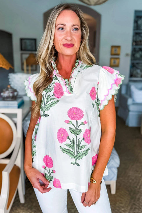 Bohemian Wildflower Print Scalloped Trim Short Sleeve Blouse