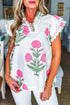 Bohemian Wildflower Print Scalloped Trim Short Sleeve Blouse