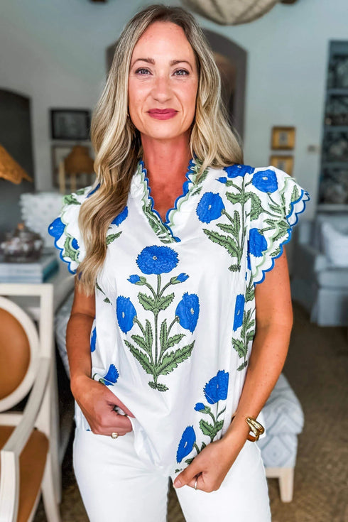 Bohemian Wildflower Print Scalloped Trim Short Sleeve Blouse