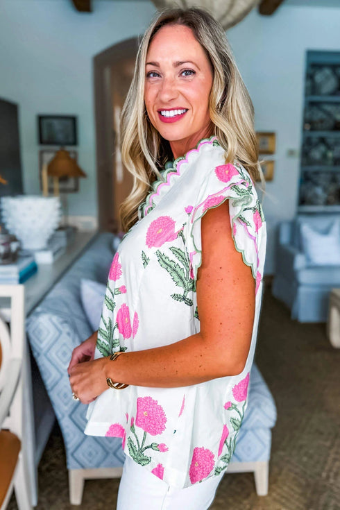 Bohemian Wildflower Print Scalloped Trim Short Sleeve Blouse