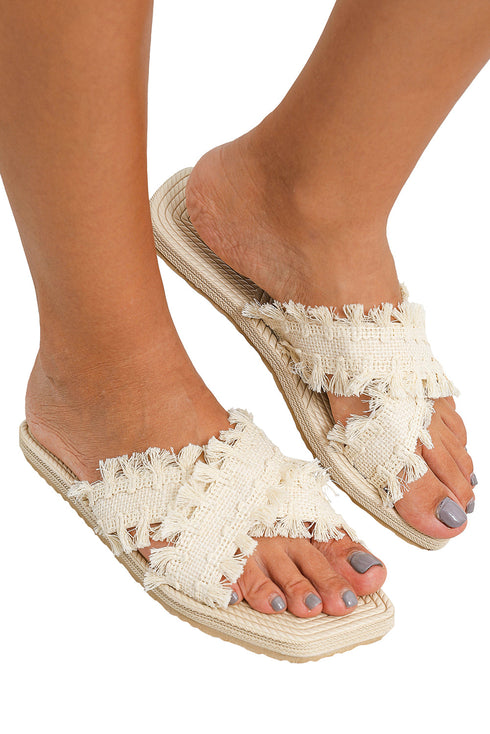 Bohemian Woven Crochet Tassel Cross Strap Flat Slippers