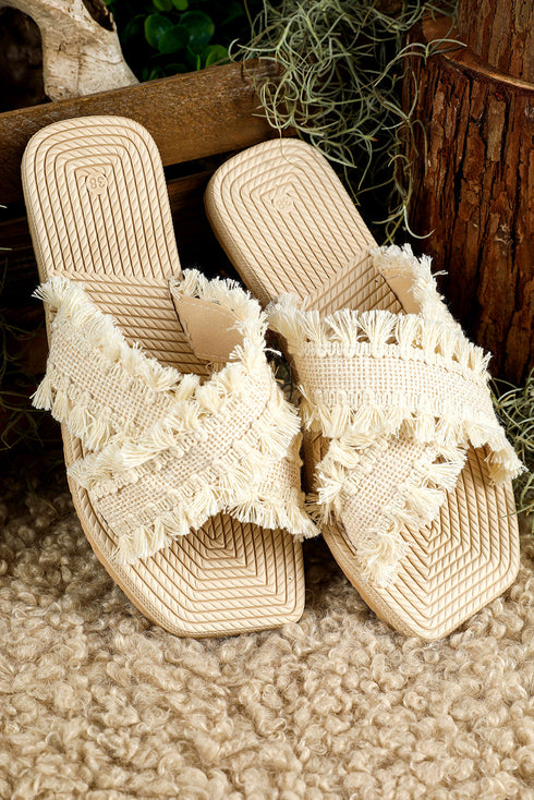 Bohemian Woven Crochet Tassel Cross Strap Flat Slippers