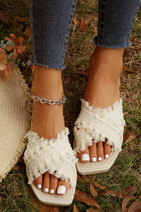 Bohemian Woven Crochet Tassel Cross Strap Flat Slippers