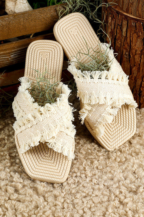 Bohemian Woven Crochet Tassel Cross Strap Flat Slippers