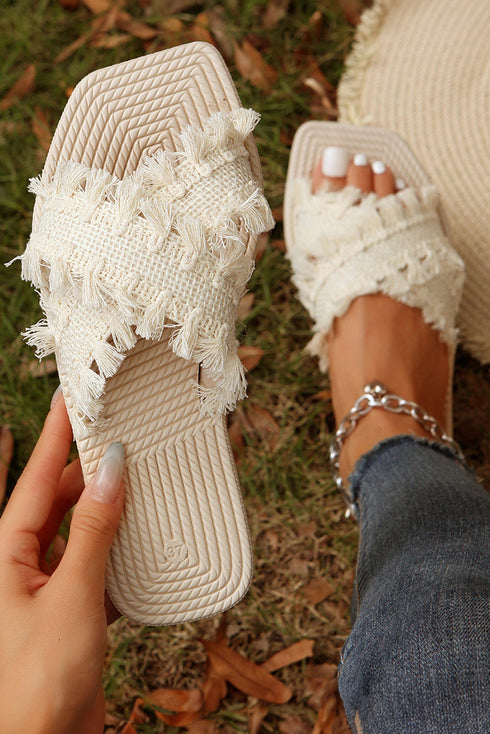 Bohemian Woven Crochet Tassel Cross Strap Flat Slippers