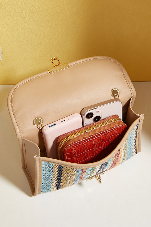 Bohemian Woven Grass Striped Flap Shoulder Bag