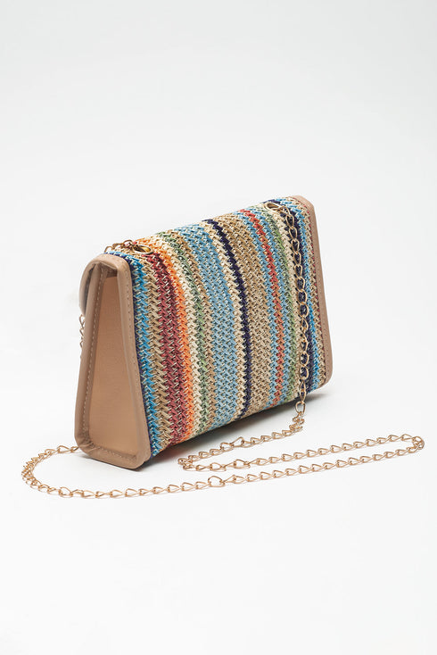 Bohemian Woven Grass Striped Flap Shoulder Bag