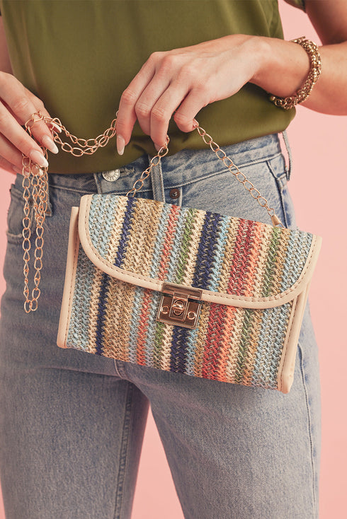 Bohemian Woven Grass Striped Flap Shoulder Bag