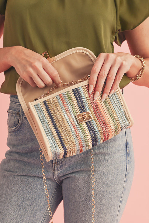 Bohemian Woven Grass Striped Flap Shoulder Bag
