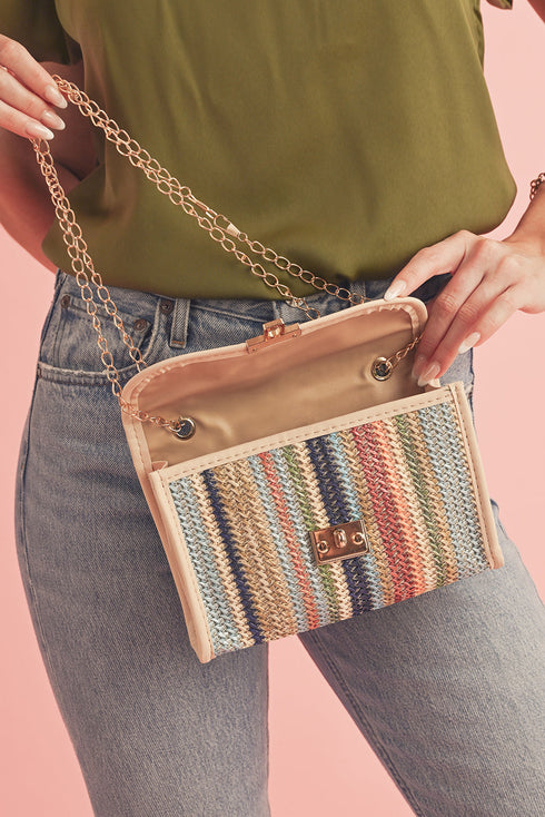 Bohemian Woven Grass Striped Flap Shoulder Bag