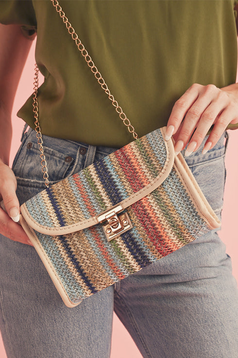 Bohemian Woven Grass Striped Flap Shoulder Bag