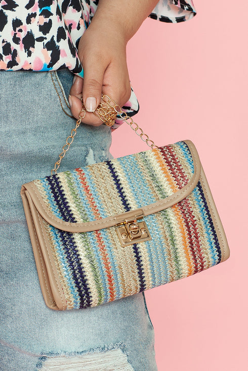 Bohemian Woven Grass Striped Flap Shoulder Bag