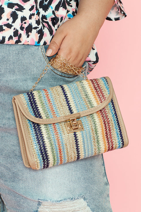Bohemian Woven Grass Striped Flap Shoulder Bag