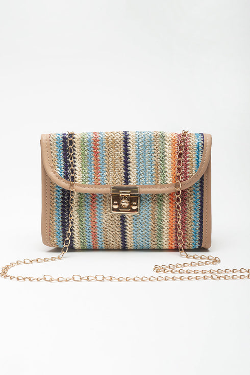 Bohemian Woven Grass Striped Flap Shoulder Bag