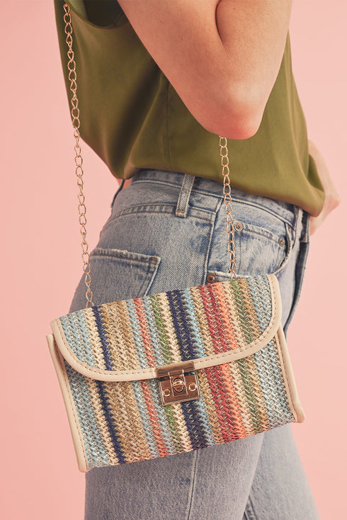 Bohemian Woven Grass Striped Flap Shoulder Bag