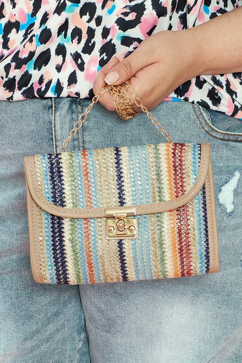 Bohemian Woven Grass Striped Flap Shoulder Bag