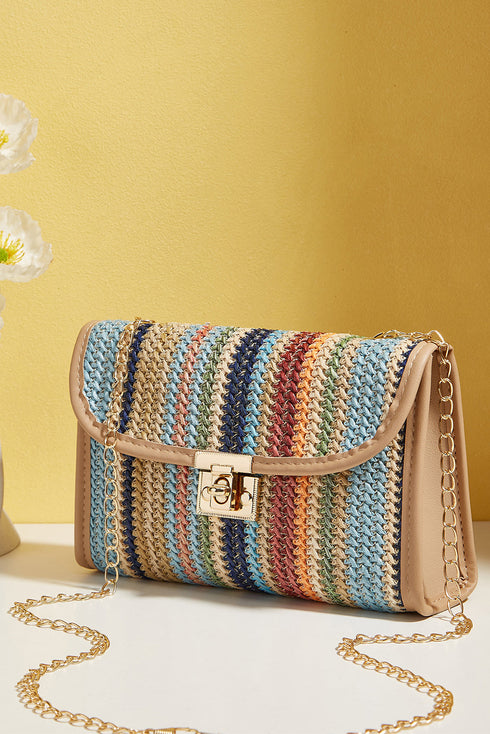 Bohemian Woven Grass Striped Flap Shoulder Bag