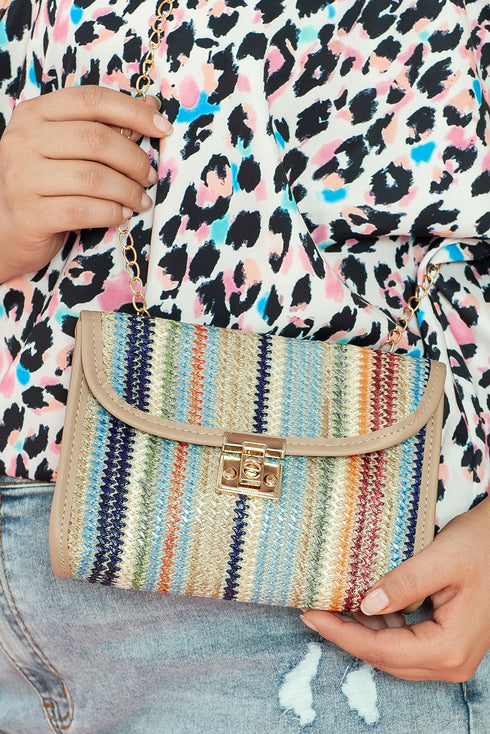 Bohemian Woven Grass Striped Flap Shoulder Bag