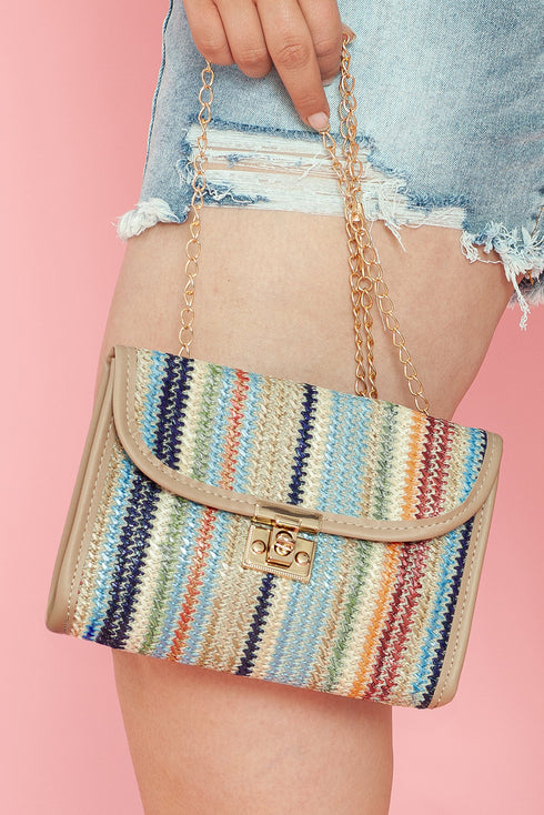 Bohemian Woven Grass Striped Flap Shoulder Bag