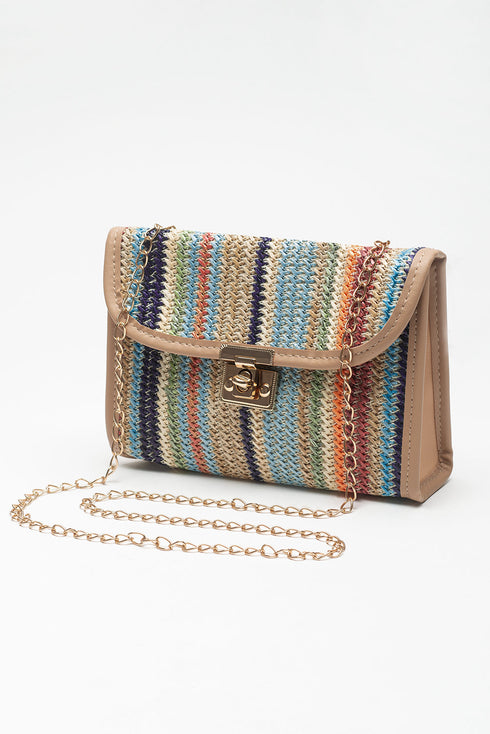 Bohemian Woven Grass Striped Flap Shoulder Bag