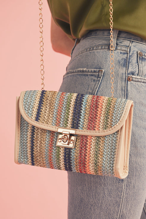 Bohemian Woven Grass Striped Flap Shoulder Bag