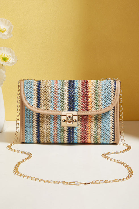 Bohemian Woven Grass Striped Flap Shoulder Bag