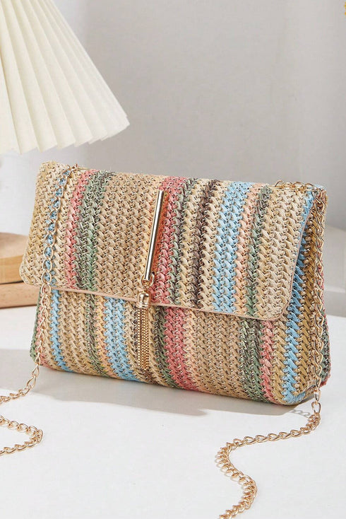 Bohemian Woven Straw Chain Strap Flap Shoulder Bag