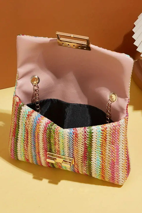Bohemian Woven Straw Chain Strap Flap Shoulder Bag