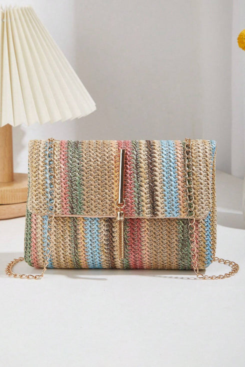 Bohemian Woven Straw Chain Strap Flap Shoulder Bag