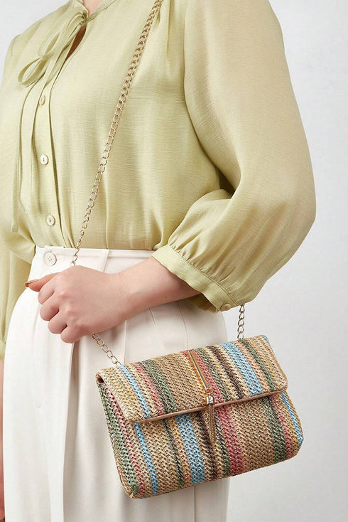 Bohemian Woven Straw Chain Strap Flap Shoulder Bag
