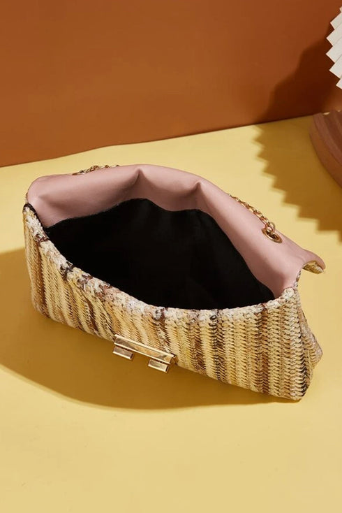 Bohemian Woven Straw Chain Strap Flap Shoulder Bag