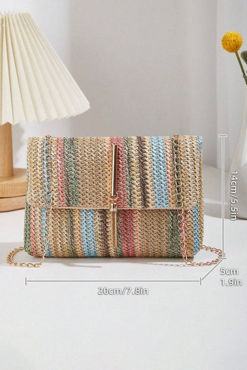 Bohemian Woven Straw Chain Strap Flap Shoulder Bag