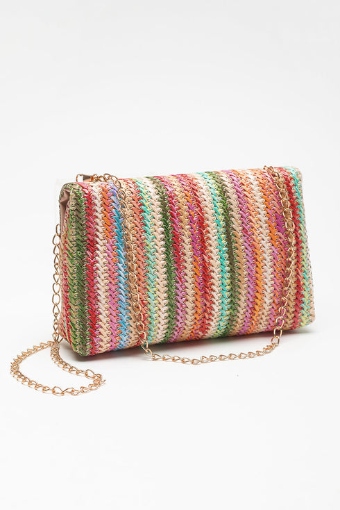 Bohemian Woven Straw Chain Strap Flap Shoulder Bag