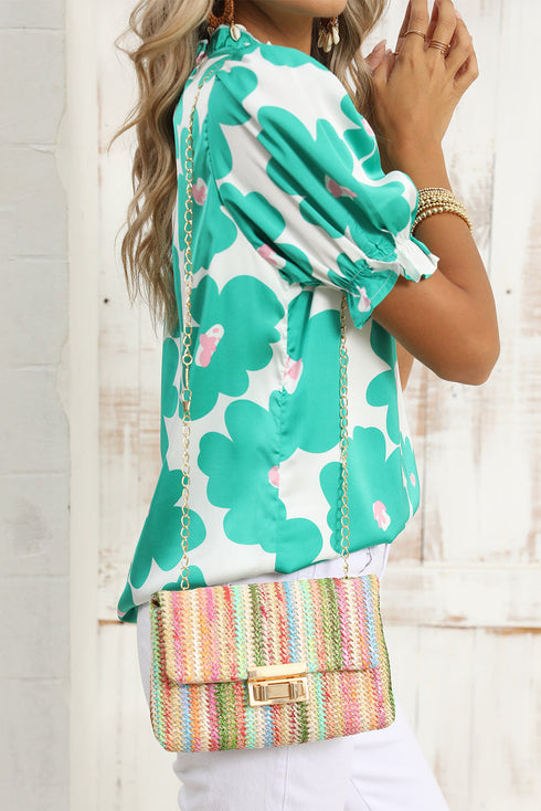 Bohemian Woven Straw Chain Strap Flap Shoulder Bag
