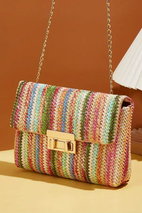Bohemian Woven Straw Chain Strap Flap Shoulder Bag