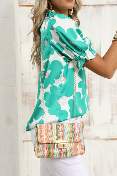 Bohemian Woven Straw Chain Strap Flap Shoulder Bag