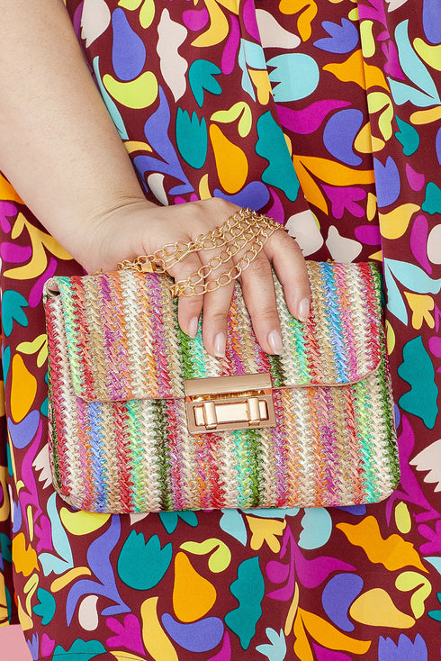 Bohemian Woven Straw Chain Strap Flap Shoulder Bag