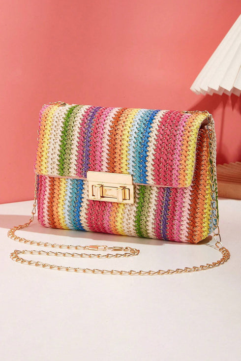 Bohemian Woven Straw Chain Strap Flap Shoulder Bag