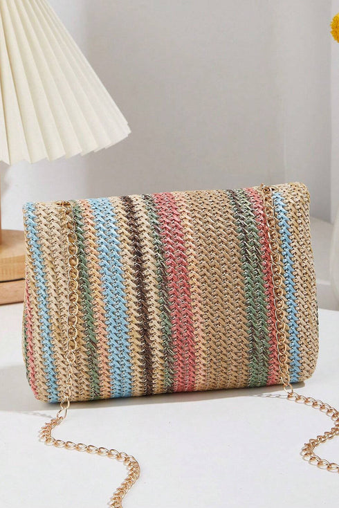 Bohemian Woven Straw Chain Strap Flap Shoulder Bag